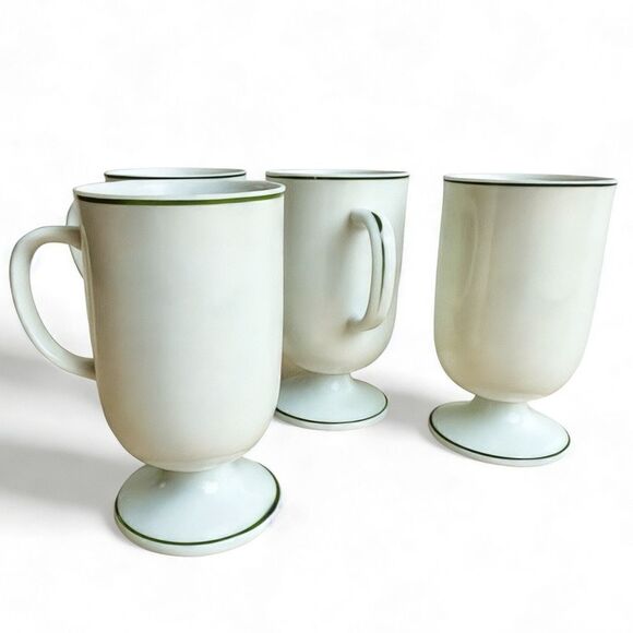 Vintage Irish Coffee White Shamrock Green Trim Footed Ceramic Mugs Set of 4 - Picture 11 of 16
